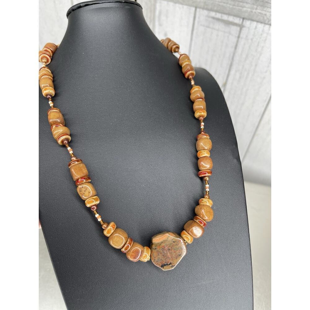 Vintage Pendant Necklace Polished Agate Stone Beach Boho Hippie Brown Orange